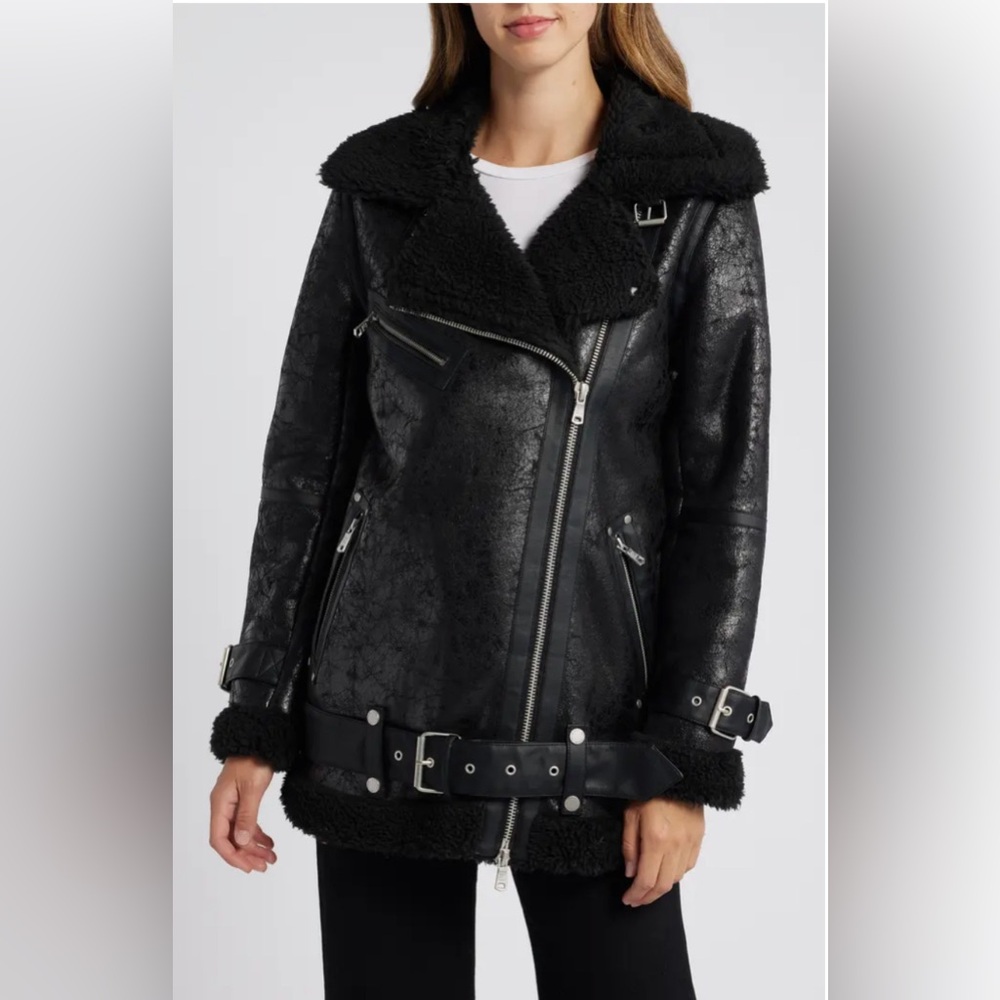 Avec Les Filles Faux Shearling Biker Jacket - size small